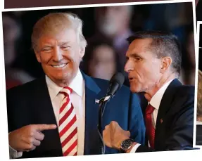  ??  ?? Deposed: Mike Flynn, who had the ear of President Trump, and right, with Russia’s Vladimir Putin on a trip to Moscow