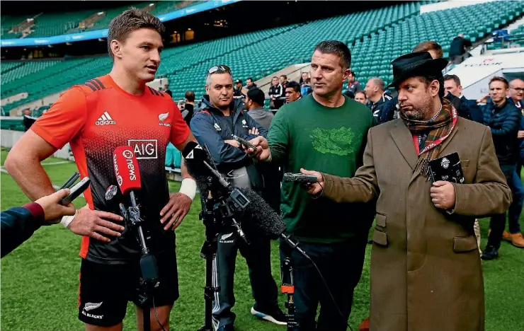  ??  ?? Stand-in All Blacks captain Beauden Barrett talks to the press at Twickenham on Friday.