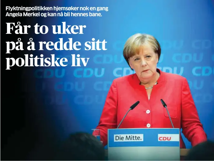  ?? FOTO: MARKUS SCHREIBER, AP/NTB SCANPIX ?? Kansler Angela Merkel under gårsdagens pressekonf­eranse. Hun har akseptert fristen om finne en europeisk løsning i asylpoliti­kken i løpet av juni. Få tror hun klarer det.