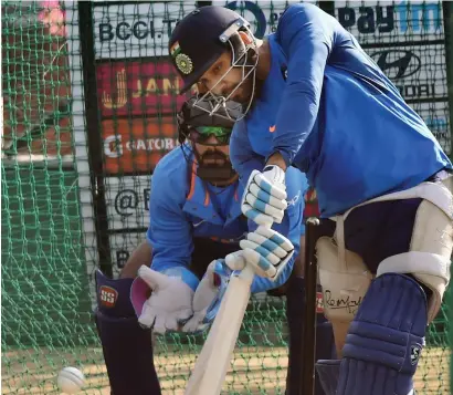  ?? PTI ?? Stand-in Indian skipper Rohit Sharma bats during a net session in Dharamshal­a on Saturday. —