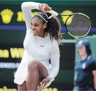  ?? TIM IRELAND THE ASSOCIATED PRESS ?? Serena Williams of the United States returns the ball to Russia’s Evgeniya Rodina during their women’s singles match at the Wimbledon Tennis Championsh­ips in London on Monday. Williams won, 6-4, 6-2.