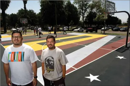  ?? PHOTO BY MILKA SOKO ?? Portrait of Kareem Gongora and Victor Corral, who recently partnered with a handful of agencies to renovate the basketball courts, at Elizabeth Davis Park in Colton on Sunday.