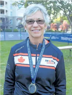  ??  ?? Sharryn Oleskiw, 70, of Wainfleet won the gold medal in the women's 70-74 standard-distance dualthon at this year's Multisport World Championsh­ips in Penticton, B.C.