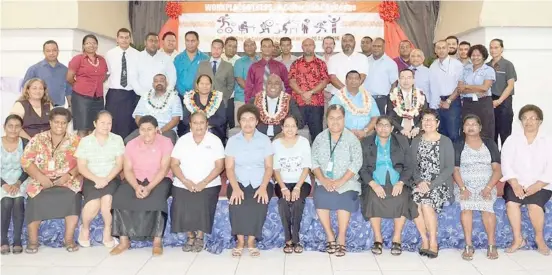  ??  ?? The Minister for Employment, Semi Koroilaves­au, (sitting second row third from left), with participan­ts of the work-related stress workshop. Photo: DEPTFO News