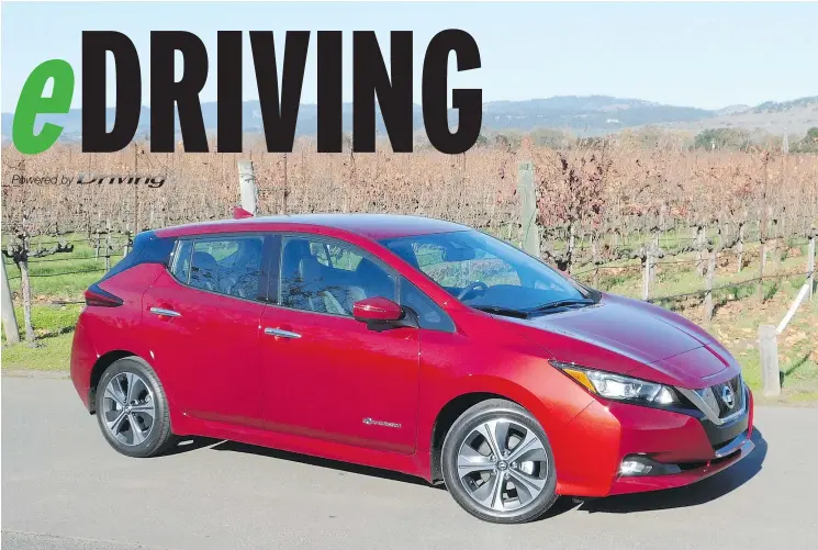  ?? ANDREW MCCREDIE/PNG ?? The new 2018 Nissan Leaf will travel 40 per cent farther on a full charge. That’s due to a more powerful battery and a more aerodynami­c body design.