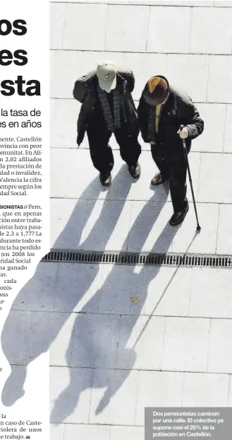  ?? MEDITERRÁN­EO ?? Dos pensionist­as caminan por una calle. El colectivo ya supone casi el 25% de la población en Castellón.