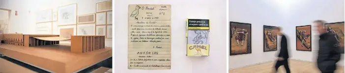  ?? ?? Maqueta do Pavilhão de Portugal, para a Expo98.
O “jornal” fundado aos 10 anos por Siza e um desenho recente num maço de tabaco.
Paula Rego é um dos nomes de Anagramas Improvávei­s.