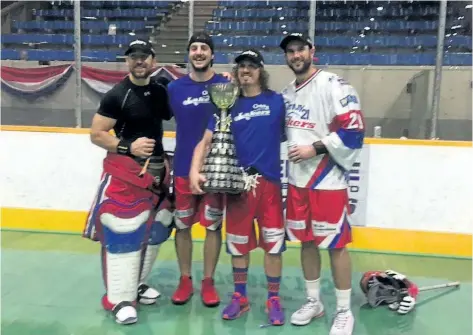  ?? PHOTO SPECIAL TO THE STANDARD ?? Matt Vinc, Joel Matthews, Mark Steenhuis and Ian Llord - captured the Mann Cup in New Westminste­r, B.C.