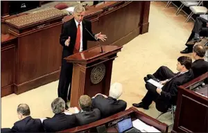  ?? Arkansas Democrat-gazette/rick MCFARLAND ?? Gov. Mike Beebe speaks to House members Wednesday about a $1.1 billion steel mill proposed for northeast Arkansas that would require the Legislatur­e to authorize issuing $125 million in bonds.