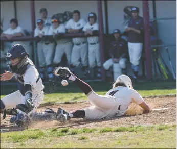  ?? Bud Sullins/Special to Siloam Sunday ?? Siloam Springs courtesy runner Jacob Rowe slides safely into home plate as the ball skips past Greenwood catcher Jake Smith in the bottom of the second inning Friday at James Butts Baseball Complex. The Panthers took an early 3-0 lead, but Greenwood...
