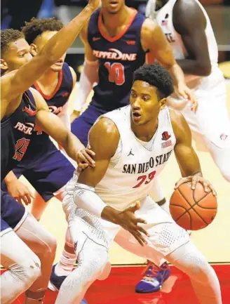  ?? K.C. ALFRED U-T ?? Josh Tomaic, who’s shooting 73.3 percent from f loor, has arguably been Aztecs’ most efficient player.