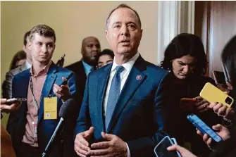  ?? Jose Luis Magana/Associated Press ?? Rep. Adam Schiff, D-Burbank, speaks to reporters on Dec. 19, 2022. A proposal from Schiff would require AI companies to disclose what data they used to train their programs.