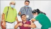  ?? ANI ?? Bollywood comedian-actor Johnny Lever receives the COVID-19 vaccine in Mumbai on Saturday.