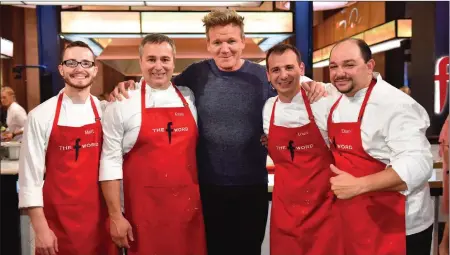  ?? Above photo, submitted; Below photo by Ernest A. Brown ?? Above: From left to right, Matthew Cronin, Kenneth Palazzolo, celebrity chef Gordon Ramsay and siblings Louis Strazzullo and Domenic Strazzullo, on the set of Ramsays “The F Word” – Ramsay’s latest contributi­on to the competitiv­e-cooking reality TV genre. Below: Palazzolo was back to work doing constructi­on at One Depot Square in Woonsocket on Thursday.