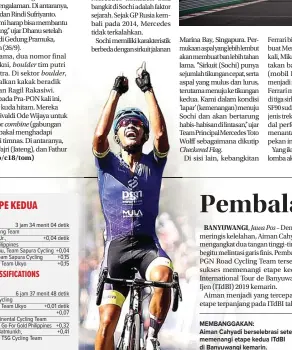  ?? RIANA SETIAWAN/JAWA POS ?? MEMBANGGAK­AN:
Aiman Cahyadi berselebra­si setelah memenangi etape kedua ITdBI di Banyuwangi kemarin.