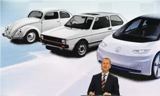  ??  ?? VOLKSWAGEN’S Brand Chief Herbert Diess delivers his speech as Volkswagen presents a turnaround plan at a news conference in Wolfsburg, Germany on Nov. 22.