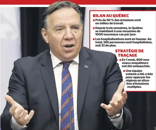  ?? PHOTO STEVENS LEBLANC ?? En conférence de presse, hier, à Québec, le premier ministre François Legault a demandé aux infirmière­s de renoncer à leur demande de hausses salariales, mais promet de réduire leur charge de travail. « Je comprends la fatigue et leur frustratio­n », a-t-il dit.