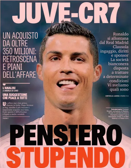  ??  ?? Extraterre­stre Cristiano Ronaldo, portoghese di Madeira, 33 anni. In carriera ha vinto 5 Champions League (1 con il Manchester United, 4 col Real Madrid) e 5 Palloni d’oro