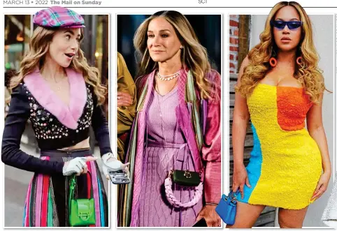  ?? ?? SMALL WONDERS: From left, Lily Collins in Emily In Paris, Sarah Jessica Parker in And Just Like That, and Beyoncé on Instagram