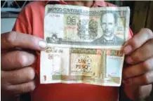  ?? —AFP ?? HAVANA: A Cuban worker shows 1 CUP (Cuban pesos - top) and 1 CUC (Cuban convertibl­e pesos - bottom) in Havana yesterday.