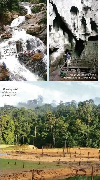  ??  ?? Lasir Waterfall’s highest and grandest tier. Morning mist at the secret fishing spot Magnificen­t limestone formations of Bewah Cave.