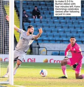  ??  ?? Rochdale goalkeeper Gavin Bazunu leaps to turn over a shot from Tom Hamer (left). Hamer lets fly with the shot (below). Right, Burton Albion management duo Dino Maamria and Jimmy Floyd Hasselbain­k full of concentrat­ion.