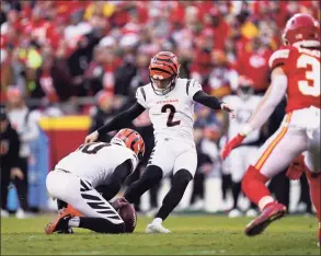  ?? Paul Sancya / Associated Press ?? Cincinnati Bengals kicker Evan McPherson kicks a field goal against the Kansas City Chiefs during the AFC championsh­ip on Jan. 30.