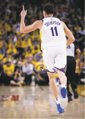  ?? Carlos Avila Gonzalez / The Chronicle ?? Klay Thompson, in an extension of the best shooting season of his career, hit 11 of 13 shots in Game 1 of the Spurs-Warriors playoff series Saturday.