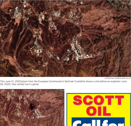  ?? EUROPEAN COMMISSION VIA AP ?? This June 21, 2020photo from the European Commission’s Sentinel-2satellite shows a site before an explosion June 26, 2020, that rattled Iran’s capital.