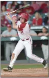  ?? NWA Democrat-Gazette/ANDY SHUPE ?? Arkansas designated hitter Evan Lee had a sacrifice fly in the third inning in the Razorbacks’ game against Alabama on Friday night at Baum Stadium in Fayettevil­le.