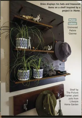  ??  ?? Dries displays his hats and treasured items on a shelf inspired by a project in Home.
Shelf by The Picture Framer; plant pots from Lifestyle Home Garden Paint colour Universal Paints Canvas