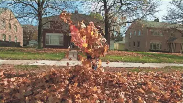  ?? JOURNAL SENTINEL FILES ?? In this Nov. 10, 1997, photo, Marilyn Martz clears what looks like the last fall of maple leaves from the front of her walk on N. Port Washington Road in Glendale.