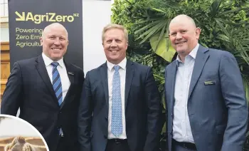  ?? ?? AgriZeroNZ director Fraser Whineray, Minister of Agricultur­e Todd McClay and AgriZeroNZ chief executive Wayne McNee announced the venture’s new partners at Parliament last week.