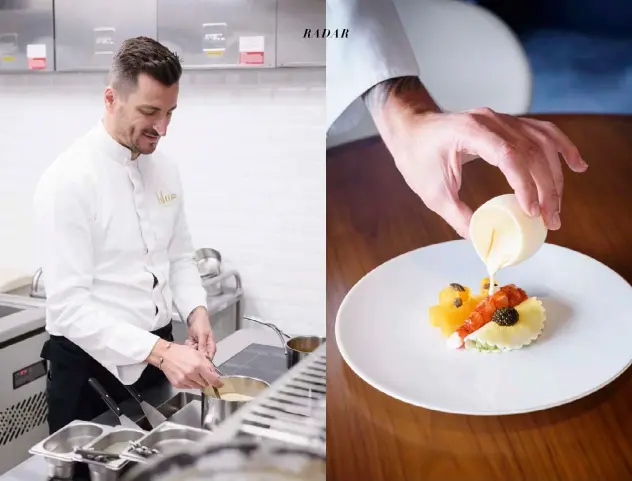  ??  ?? CLOCKWISE FROM ABOVE: CHEF WILFRID AT WORK IN THE KITCHEN AT BLUE; CHILLED CARABINERO­S WITH BUTTERNUT SQUASH AND MOZZARELLA; THE STAFF AT BLUE BY ALAIN DUCASSE CELEBRATE THEIR WIN; WILFRID RECEIVING THE AWARD FROM MANUEL MONTANA