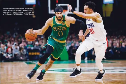  ?? USA TODAY Sports ?? Boston Celtics forward Jayson Tatum (left) drives against Los Angeles Clippers point guard Landry Shamet during the second half at TD Garden. PICTURE: