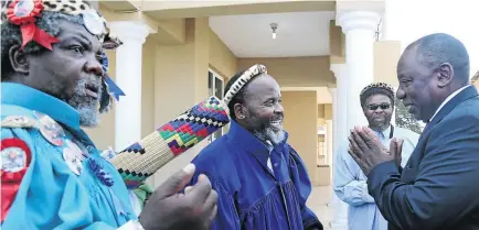  ?? / JACKIE CLAUSEN ?? Deputy President Cyril Ramaphosa thanks Reverend Mbongwa Nzama of the Nazareth Baptist Church (Shembe) while senior leader Pastor Mthandeni Ntombela looks on at Esikhawini, Empangeni, KwaZulu-Natal.