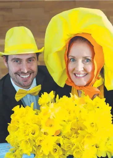  ?? Picture: STEWART McLEAN ?? BRILLIANT DISPLAY: Hugh Sanson and Loren Gillison show their support for Daffodil Day with the whole office at accounting firm Halpin Partners.