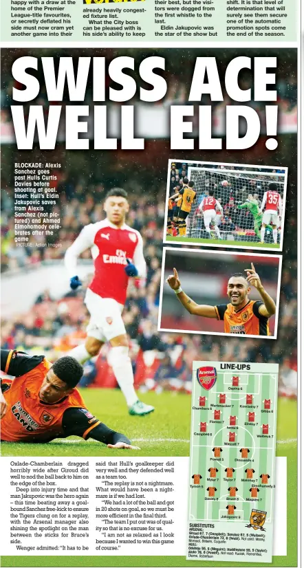  ?? PICTURE: Action Images ?? BLOCKADE: Alexis Sanchez goes past Hulls Curtis Davies before shooting at goal. Inset: Hull’s Eldin Jakupovic saves from Alexis Sanchez (not pictured) and Ahmed Elmohamady celebrates after the game