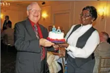  ?? CHRIS BARBER — DIGITAL FIRST MEDIA ?? Bob Burton, president of the Kennett Square Old Timers Hall of Fame, was surprised at the banquet by a brief celebratio­n of his 80th birthday, which occurred on Friday, the day before the annual Old Timers Hall of Fame Banquet on Saturday at the...