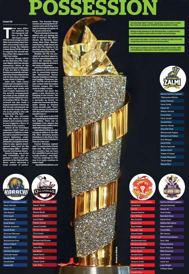  ?? Liaqat@khaleejtim­es.com ?? The dazzling ‘Spirit Trophy’ comprises of innovative crystal fine rocks by using over 50,000 double pointed crystals. Sitting on the pinnacle is the Shooting Star, a multi-faceted crystal sculpture made with precision cut technology. The trophy has...