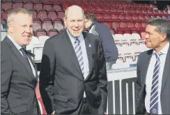  ?? Picture: Joe Pepler ?? THANKS Pompey chairman Michael Eisner, centre, pictured with Kenny Jackett, left and chief executive Mark Catlin, paid tribute to the boss for the work he has done at Fratton Park