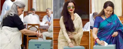  ??  ?? Bollywood stars Jaya Bachchan, Rekha and Hema Malini, and cricketer Sachin Tendulkar casting their votes in the vice-presidenti­al election in New Delhi on Saturday.
