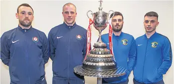  ??  ?? BELFAST DERBY Dundela’s Gary Irwin & Mark Mcclelland with Mac’s Brian Mccaul & James Haughey