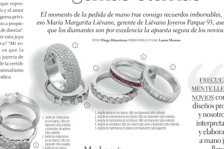  ??  ?? 1. Argolla ancha en oro blanco 18K con diamantes talla redonda.
2. Argolla de matrimonio en oro blanco 18K con diamantes talla redonda. 3. Argolla de matrimonio en oro blanco 18K con diamantes talla redonda. 4. Argolla en oro blanco 18K con rubies talla carre y diamantes talla redonda. 5. Argolla de matrimonio en platino con diamantes talla baguette.