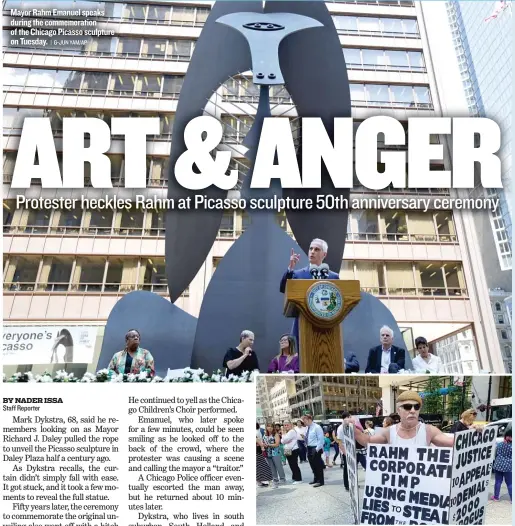  ?? | G- JUN YAM/ AP ?? Mayor Rahm Emanuel speaks during the commemorat­ion of the Chicago Picasso sculpture on Tuesday. A protester interrupte­d Tuesday’s ceremony at Daley Plaza marking the 50th anniversar­y of the unveiling of the Picasso.