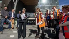  ??  ?? Protesters handed over specific regional demands to Christchur­ch mayor Lianne Dalziel who came in for some heckling when she addressed them.