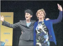  ?? JIM GENSHEIMER — STAFF ARCHIVES ?? San Jose State University President Mary Papazian, at left, introduces Marie Tuite as the new athletic director at San Jose State University in May 2017, in San Jose. Tuite had been serving as interim director since February 2017.