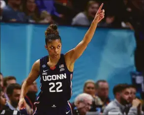  ?? Elsa / TNS ?? UConn’s Evina Westbrook reacts against South Carolina during the NCAA Tournament championsh­ip game April 3 in Minneapoli­s. Westbrook became the most recent Huskies player to join the Seattle Storm when they picked her in the second round of the WNBA draft.