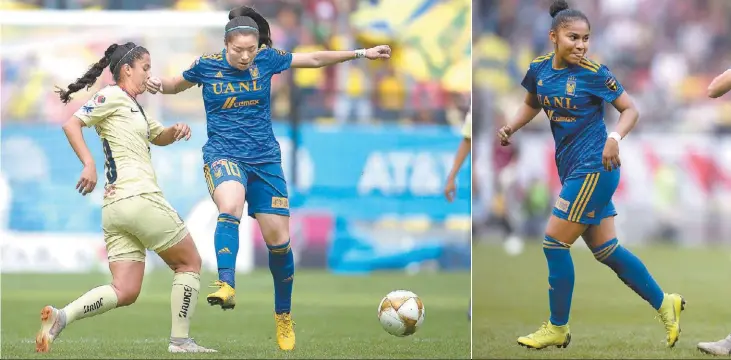  ?? MEXSPORT ?? Katty Martínez pelea una pelota; Lizbeth Ovalle celebra su gol en el duelo de Ida de la Gran Final Femenil de la Liga MX en el estadio Azteca.