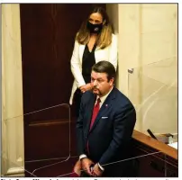  ?? (Arkansas Democrat-Gazette/Stephen Swofford) ?? State Sens. Missy Irvin and Jason Rapert take in the proceeding­s Monday as lawmakers vote on Senate Bill 6, which would ban most abortions in Arkansas. Although Irvin spoke out against the bill’s lack of exceptions for cases of rape and incest, she voted for the measure. More photos at arkansason­line.com/223senate/.